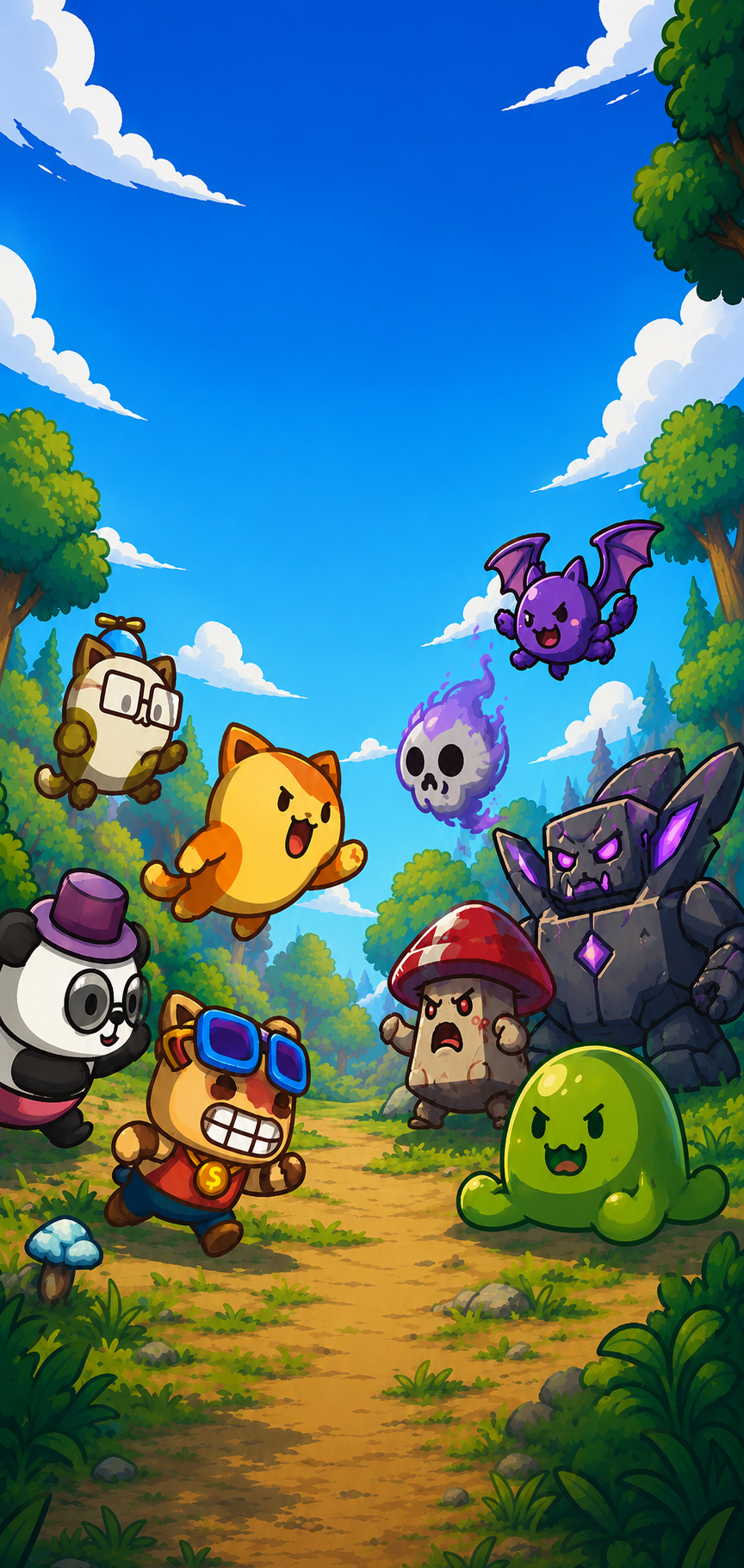 Arte do Creature Clash com personagens e monstros em uma floresta